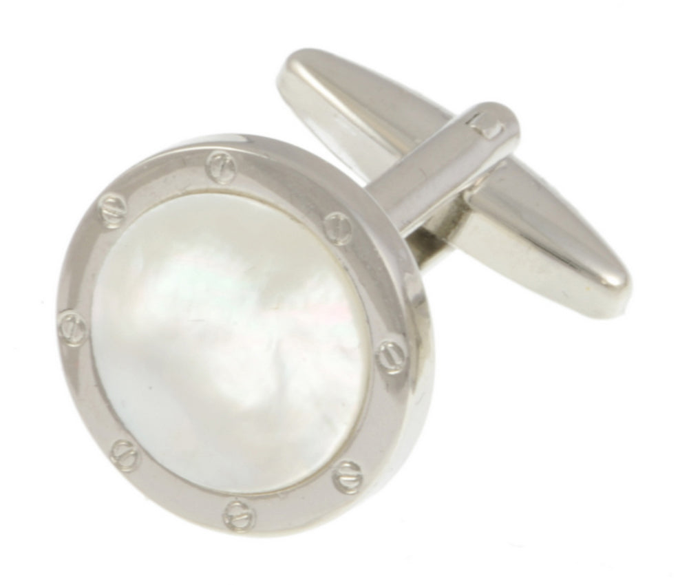 DR Bespoke Mother Of Pearl Round Screw Rim/Rhodium Plated Cufflink