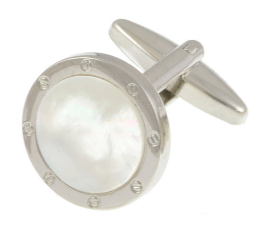 DR Bespoke Mother Of Pearl Round Screw Rim/Rhodium Plated Cufflink