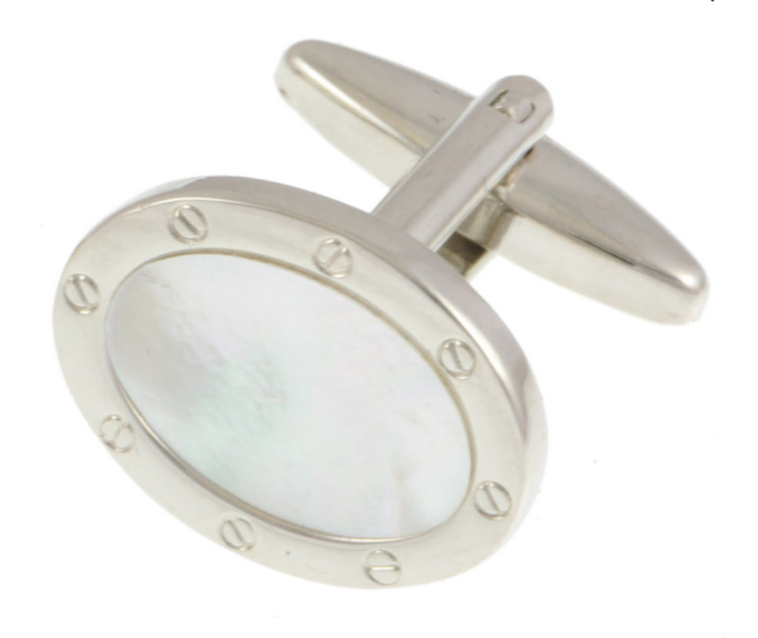 DR Bespoke Mother Of Pearl Oval Screw Rim/Rhodium Plated Cufflink