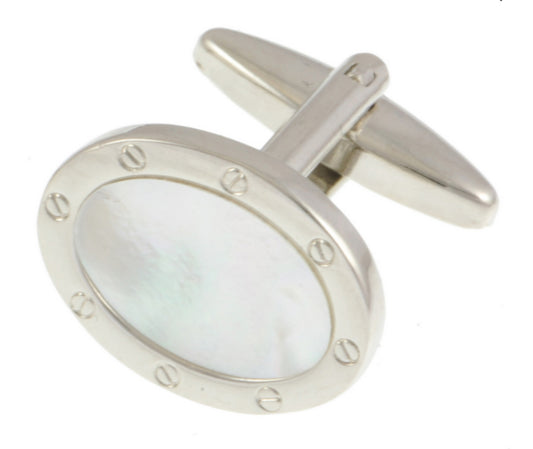 DR Bespoke Mother Of Pearl Oval Screw Rim/Rhodium Plated Cufflink