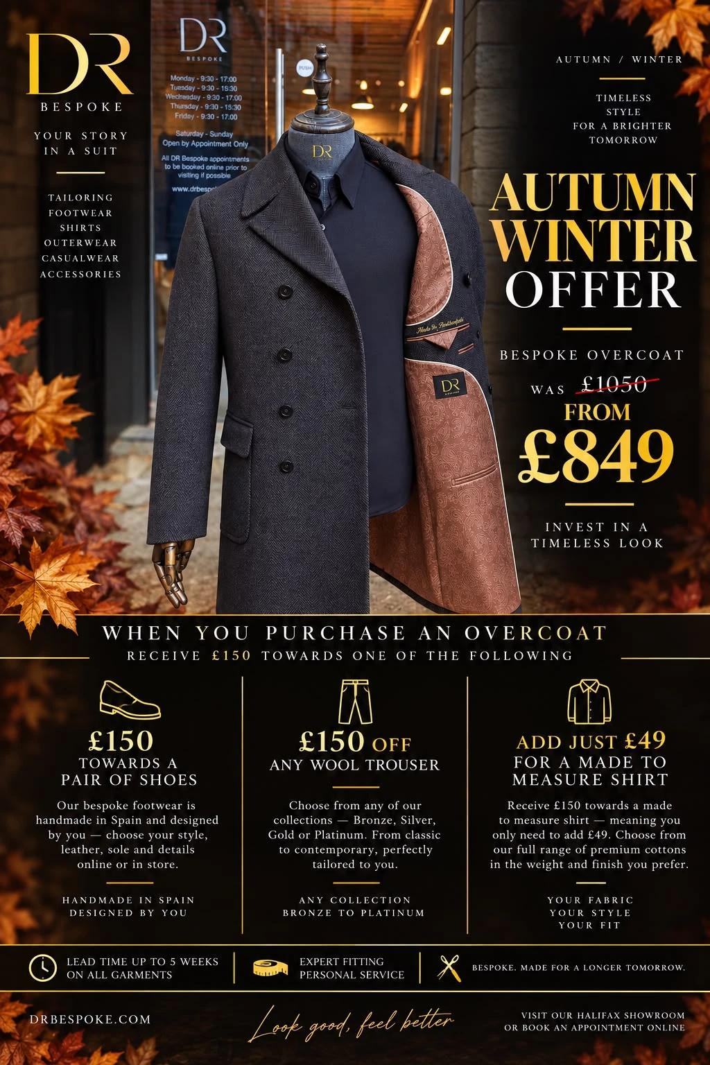 DR Bespoke Autumn Winter offer — bespoke overcoats from £849, was £1,050, plus £150 towards shoes or wool trousers or a made to measure shirt for £49