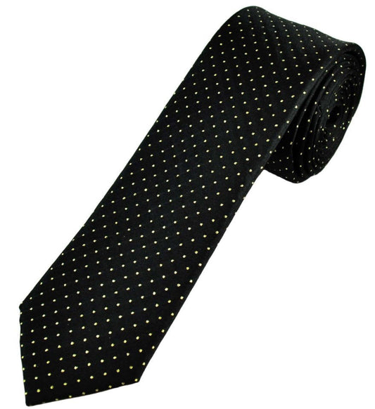DR BESPOKE BLACK & GOLD POLKA DOT SILK BLEND LUREX MEN'S SKINNY TIE