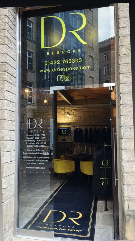 Entrance to DR Bespoke tailoring studio at Dean Clough Mills in Halifax